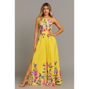Boho Split Sides Floral Wide Leg Jumpsuit Yellow